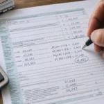 Tax return document with income calculations and tax brackets highlighted