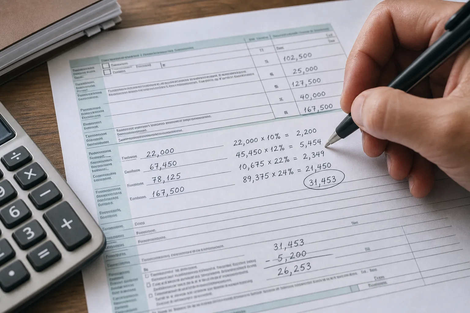 Tax return document with income calculations and tax brackets highlighted