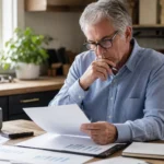 A man in his early 60s, white, examining financial statements and business documents at a home office desk