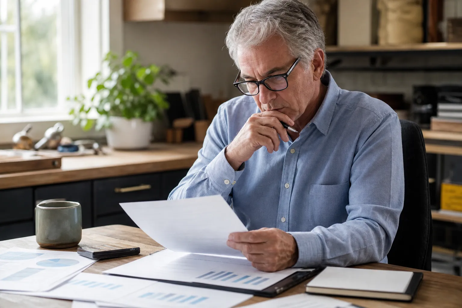 A man in his early 60s, white, examining financial statements and business documents at a home office desk
