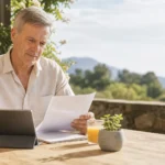 Small business owner reviewing retirement plan documents on a tablet at an outdoor table
