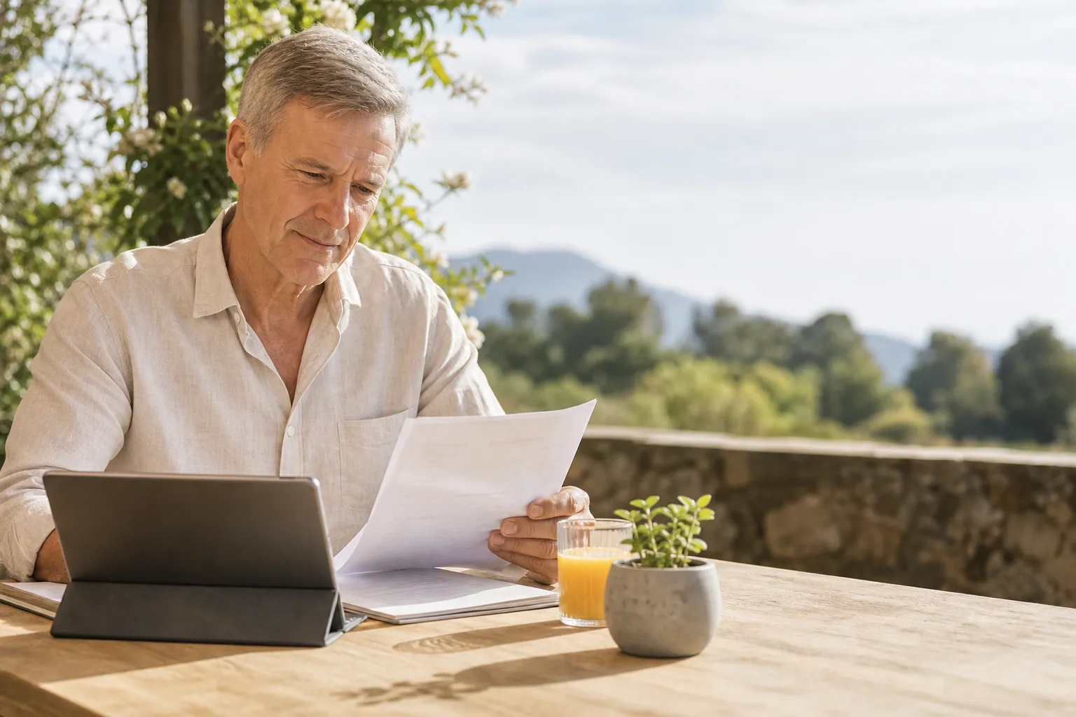 Small business owner reviewing retirement plan documents on a tablet at an outdoor table