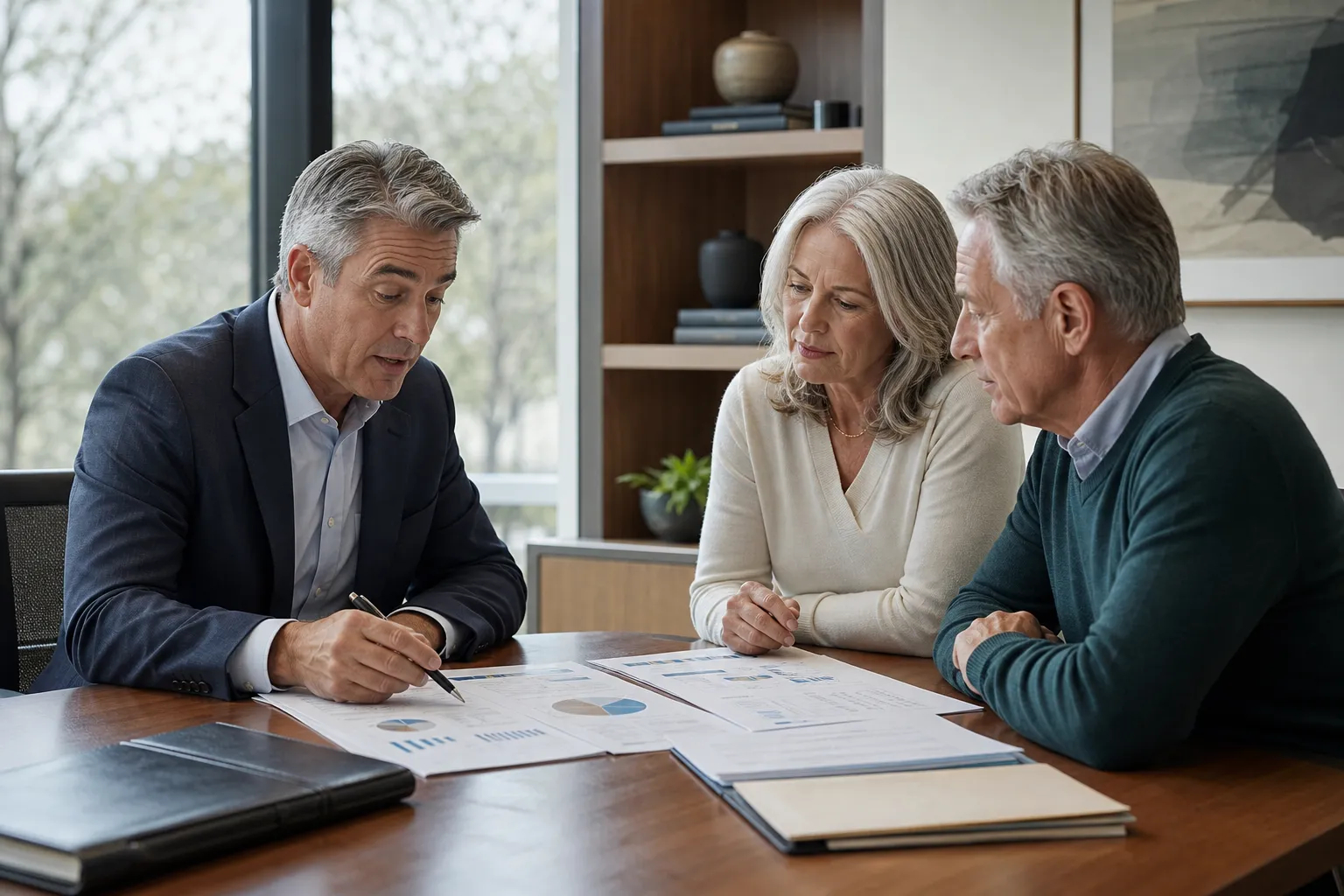 A wealth advisor meeting with a retiring couple to review retirement portfolio plans