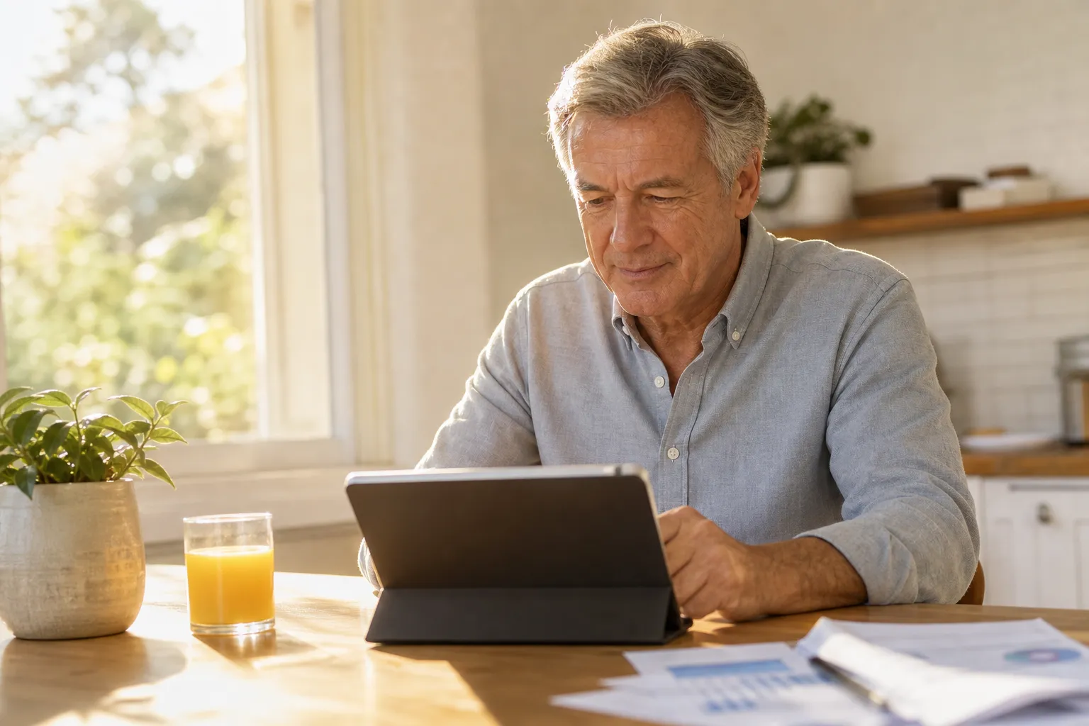 Man in his late fifties reviewing financial plan on tablet at a sunlit kitchen table