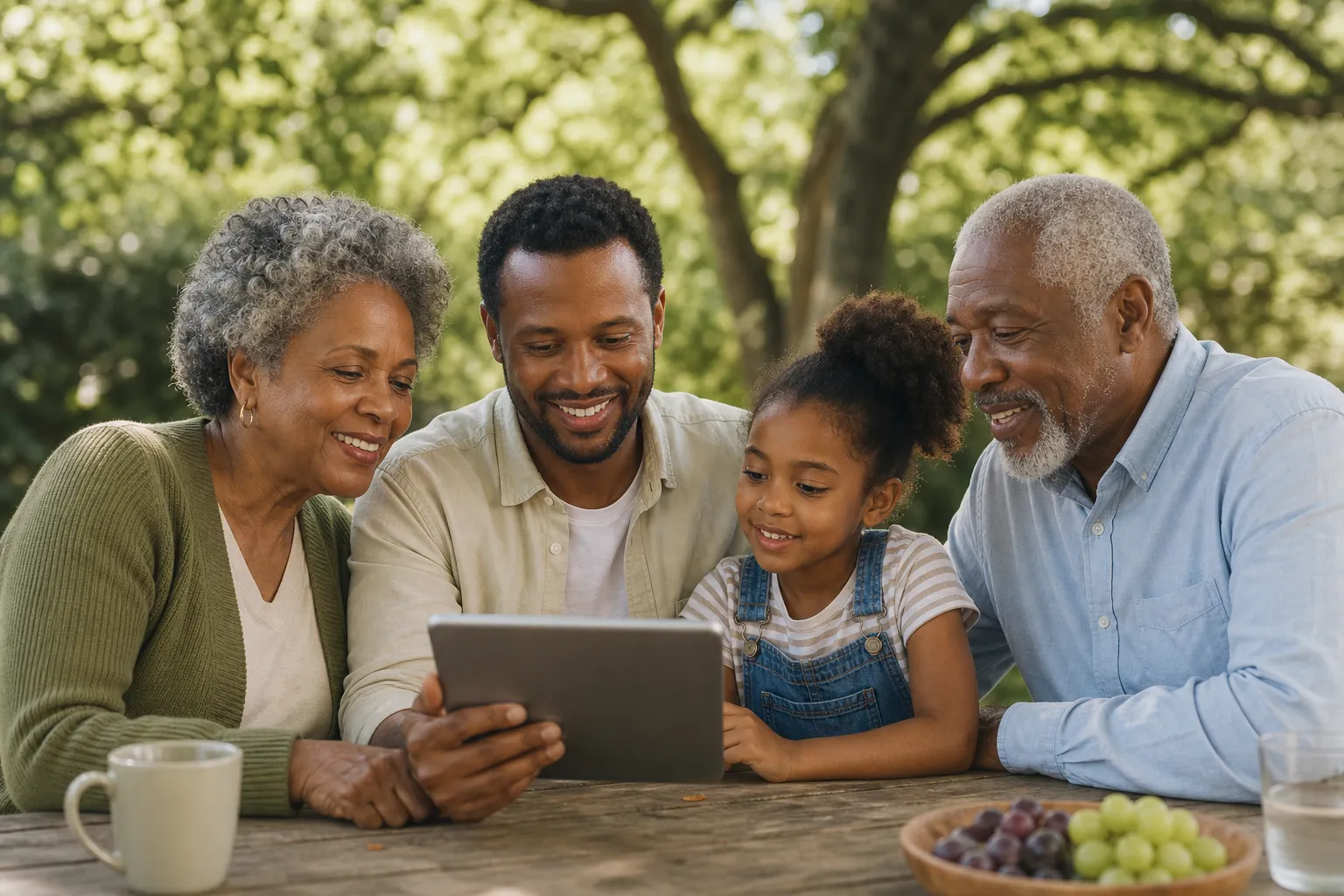 Multigenerational family reviewing retirement income plan together outdoors