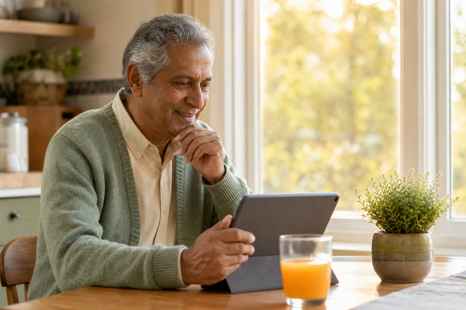 Retired man reviewing charitable giving options on a tablet at a kitchen table