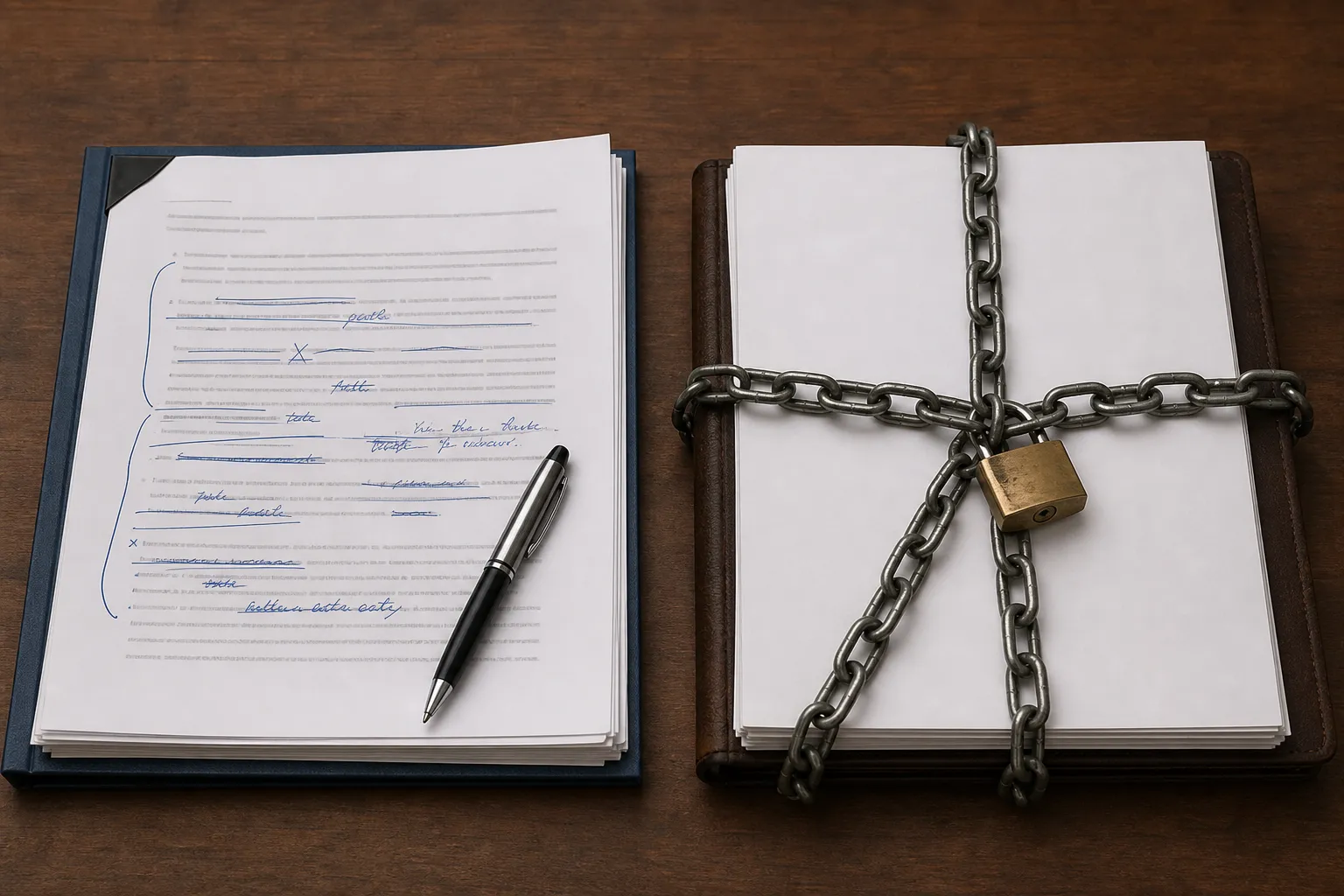 A revocable trust document marked with edits and changes on the left, and an irrevocable trust document sealed or locked on the right, illustrating the core difference between changeable and unchangeable trusts