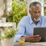 Retired man reviewing retirement income strategy on tablet at outdoor kitchen table